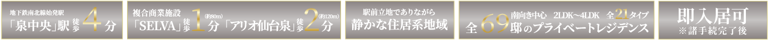地下鉄南北線始発駅「泉中央」駅徒歩4分 複合商業施設「SELVA」徒歩1分(約80m) 「アリオ仙台泉」徒歩2分(約180m) 駅前立地でありながら静かな住居系地域 南向き中心全69邸のプライベートレジデンス